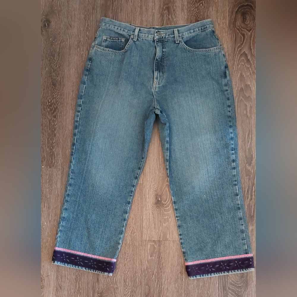 New York & Company Denim Blue Jeans Size 16 Embellished Velvet Trim 100% Cotton - Picture 12 of 12